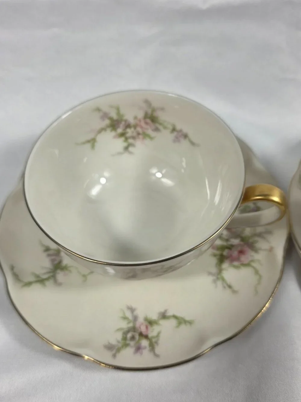 TWO Haviland Rosalinde (New York) Cup & Saucer Sets Pink & Lavendar Flowers